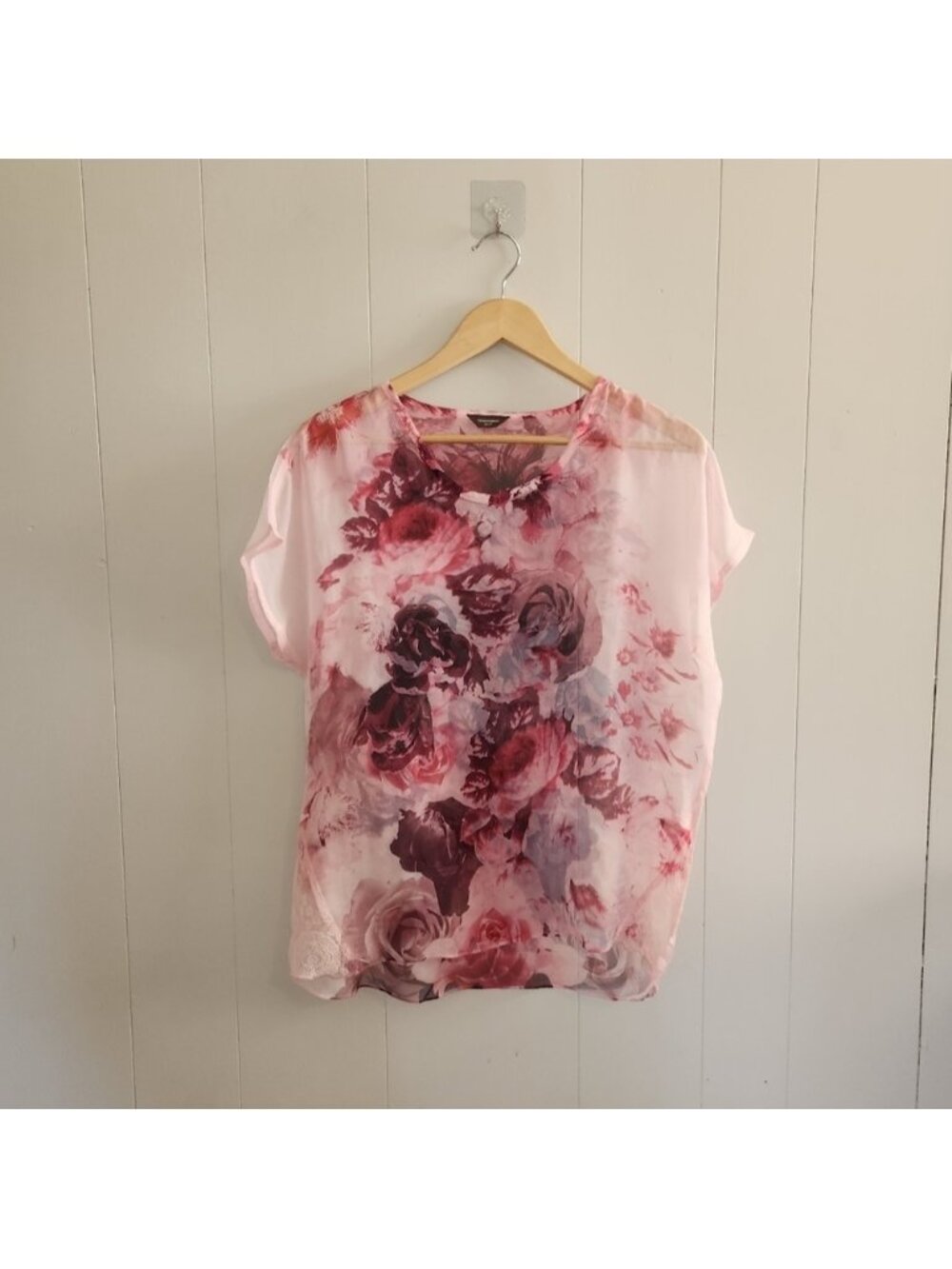 Denver Hayes Sheer Pink Floral Top Blouse Feminine Office Lace Dressy